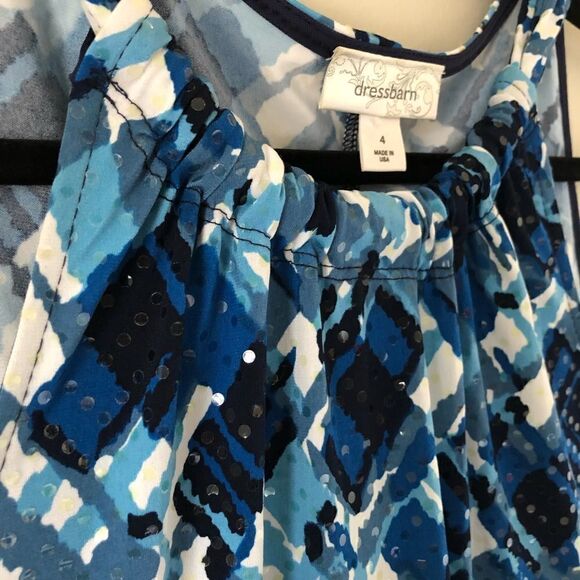 Dress Barn Blue/White Sleeveless Embellished A-line Ruffle Dress Size 4 - Picture 5 of 11